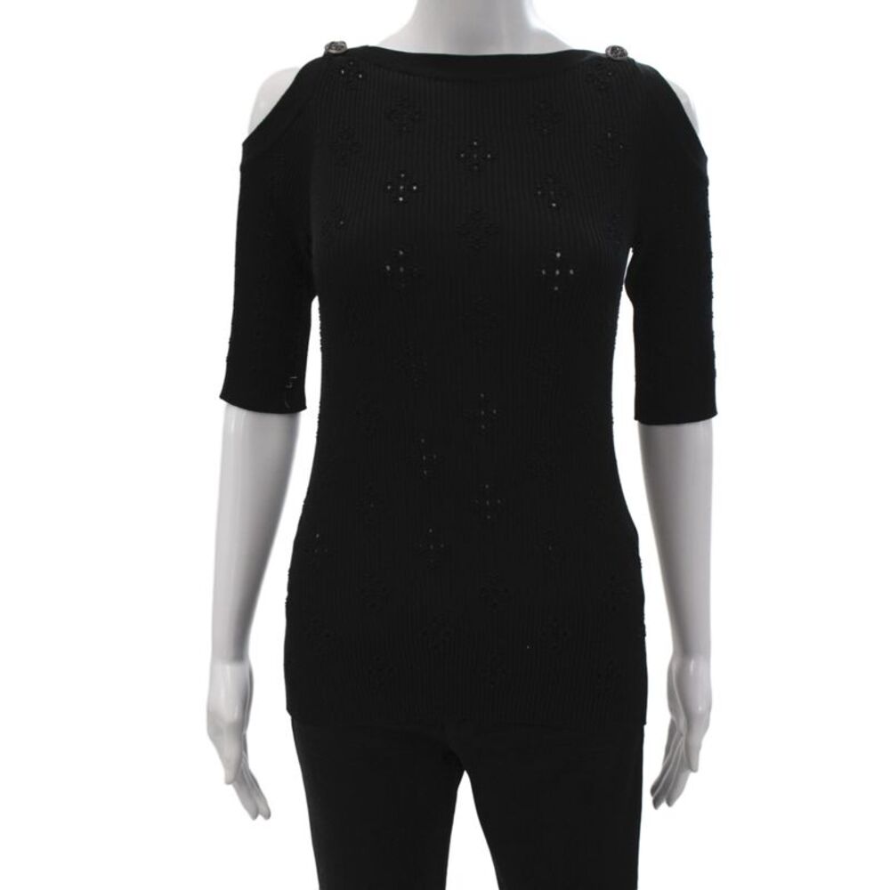 Chanel Womens Basic Black Cotton Boat Neck Blouse 3/4 Sleeve Size 40